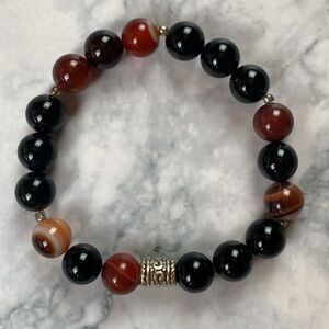 Beaded Black Obsidian & Sardonyx Stretch Bracelet with Silver Accent - 10mm